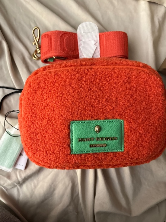 Kurt Geiger Handbags - Kurt Geiger Bright Orange Sherpa Crossbody with Green Logo Patch